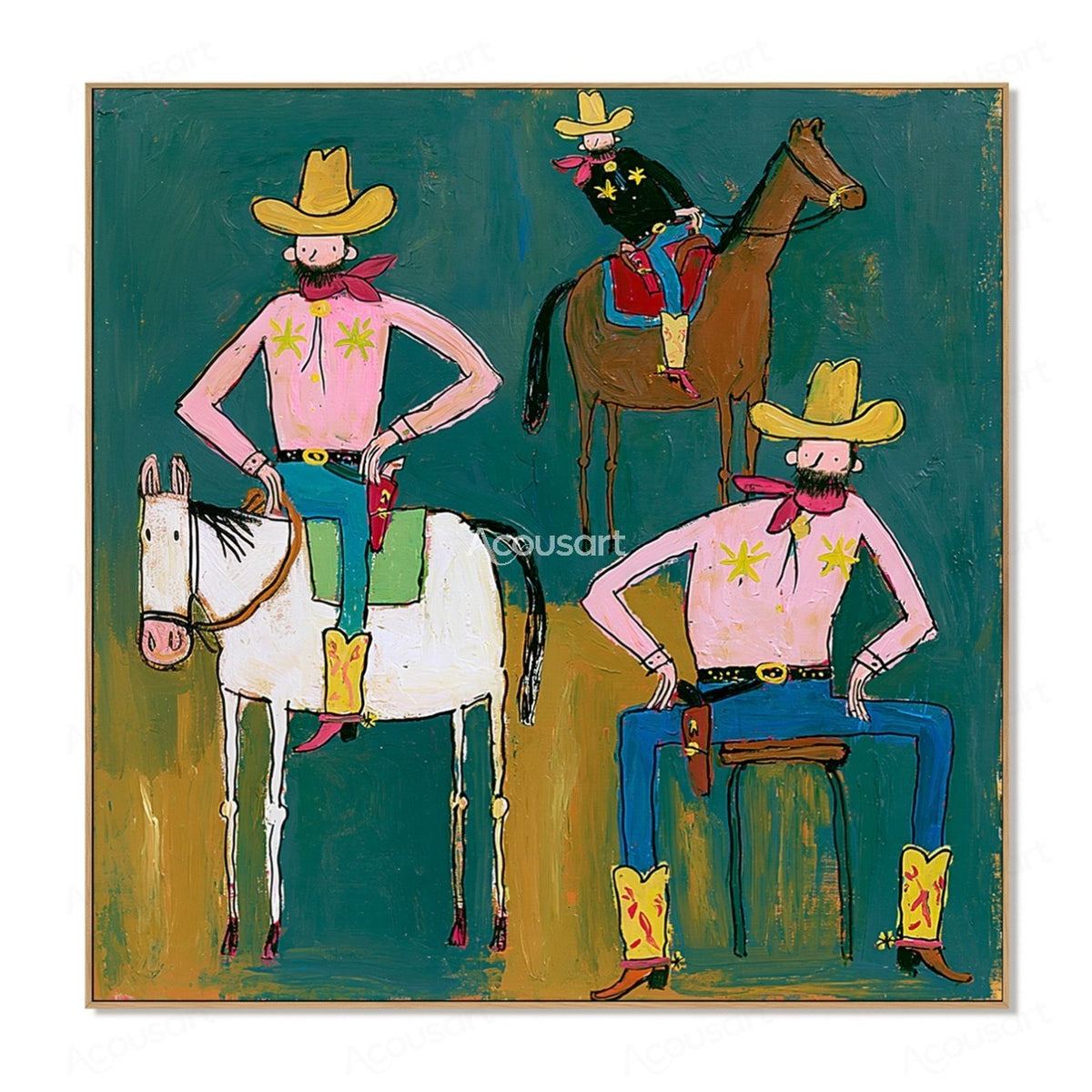 Colorful western cowboy wall art with three playful cowboys, horses, yellow hats, pink shirts, and bold hand-painted texture