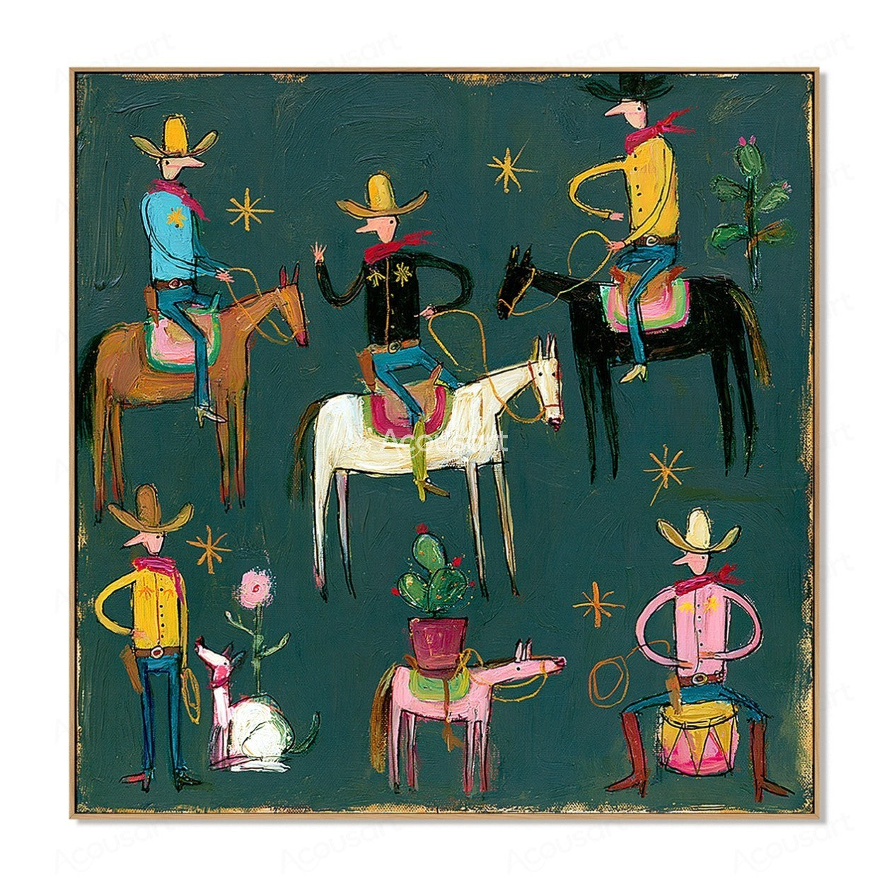 Colorful western cowboy wall art with cowboys, horses, cacti, flowers, gold stars, and bold hand-painted texture