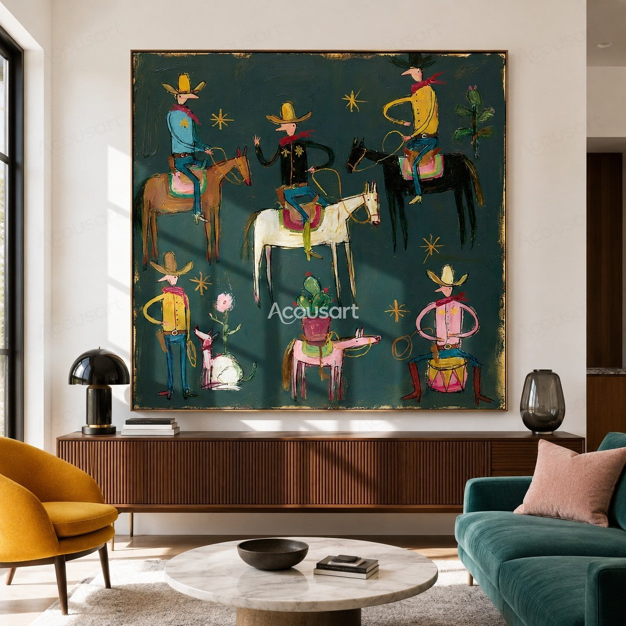 Colorful western cowboy wall art with cowboys, horses, cacti, flowers, gold stars, and bold hand-painted texture