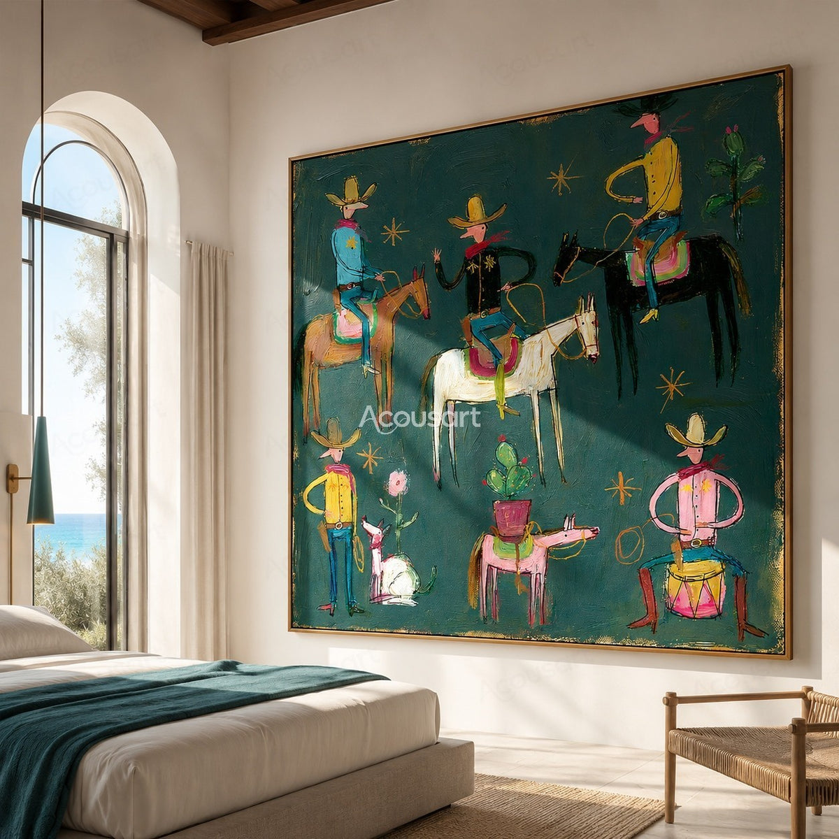 Colorful western cowboy wall art with cowboys, horses, cacti, flowers, gold stars, and bold hand-painted texture