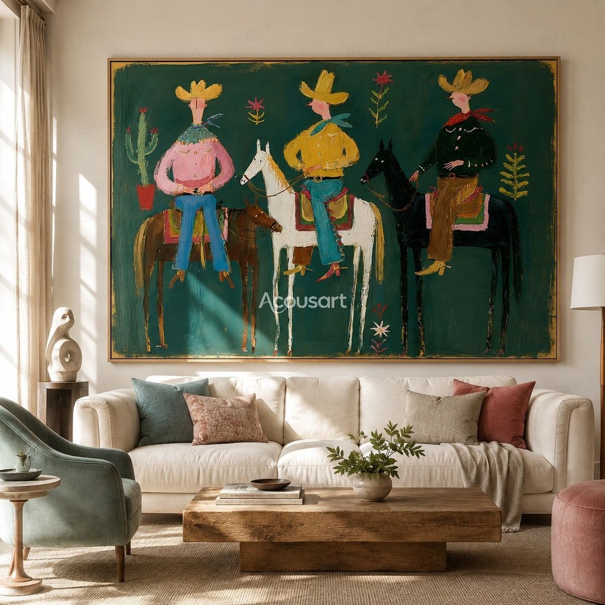 Colorful western cowboy wall art with three riders on horses, yellow hats, cactus, flowers, and bold hand-painted texture