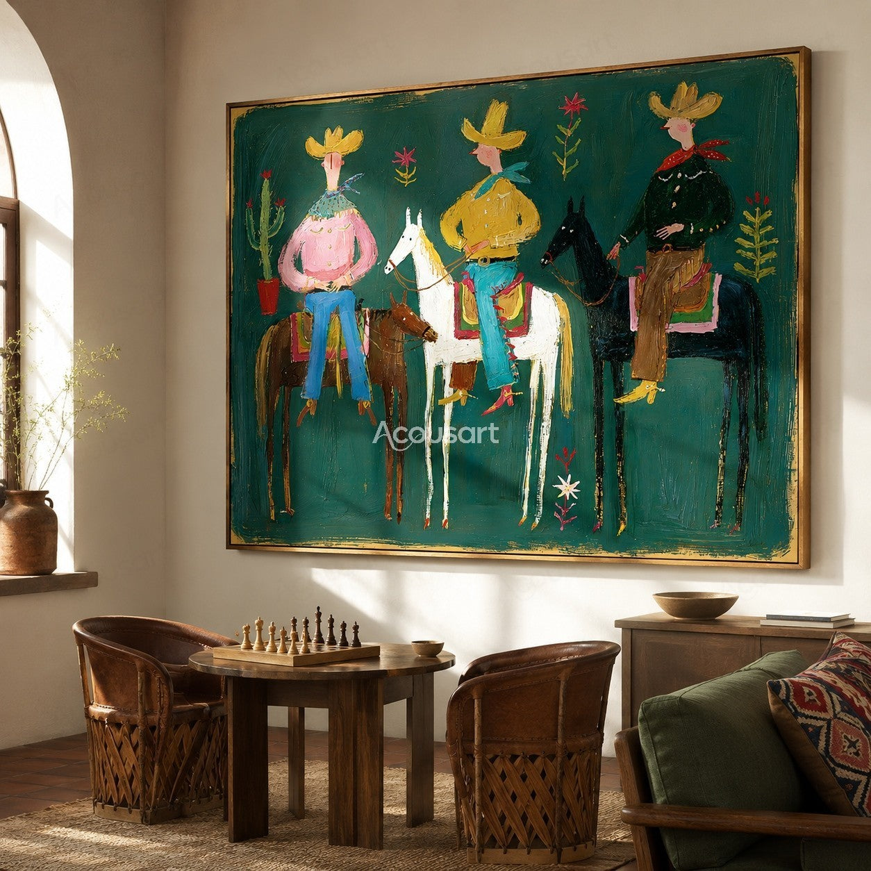 Colorful western cowboy wall art with three riders on horses, yellow hats, cactus, flowers, and bold hand-painted texture