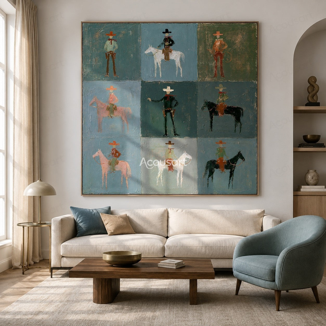 Western cowboy horse wall art with riders and horses arranged in a soft blue and green grid design