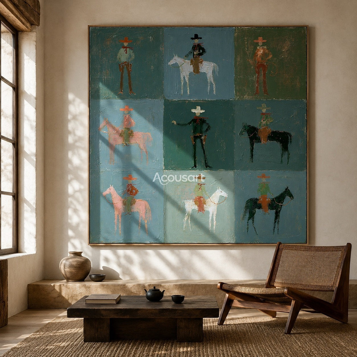 Western cowboy horse wall art with riders and horses arranged in a soft blue and green grid design
