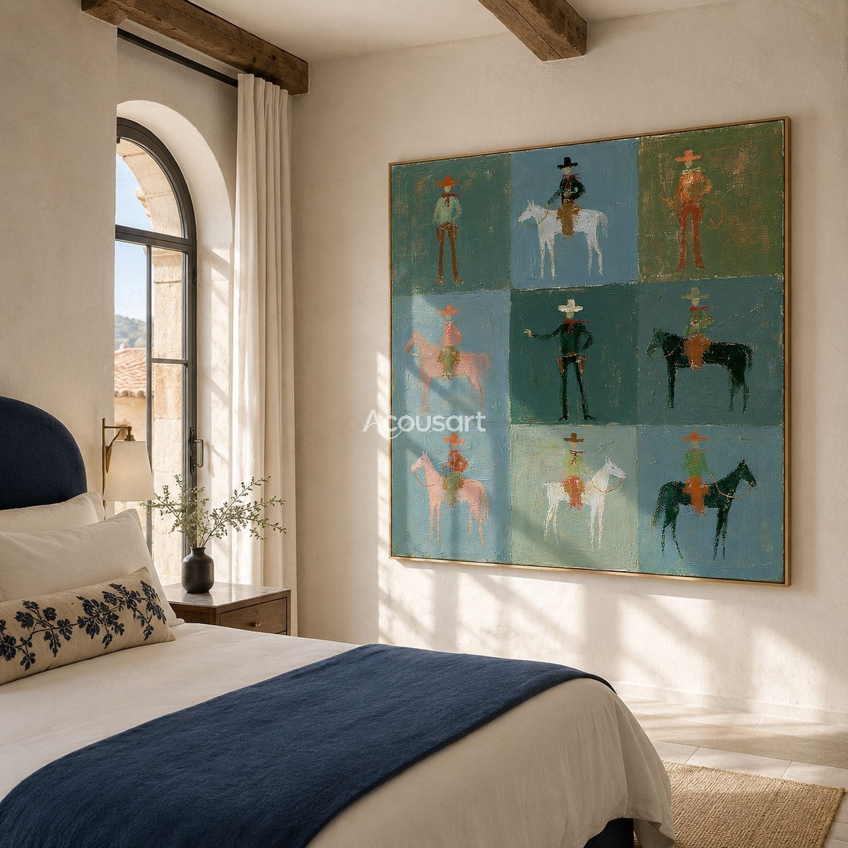 Western cowboy horse wall art with riders and horses arranged in a soft blue and green grid design