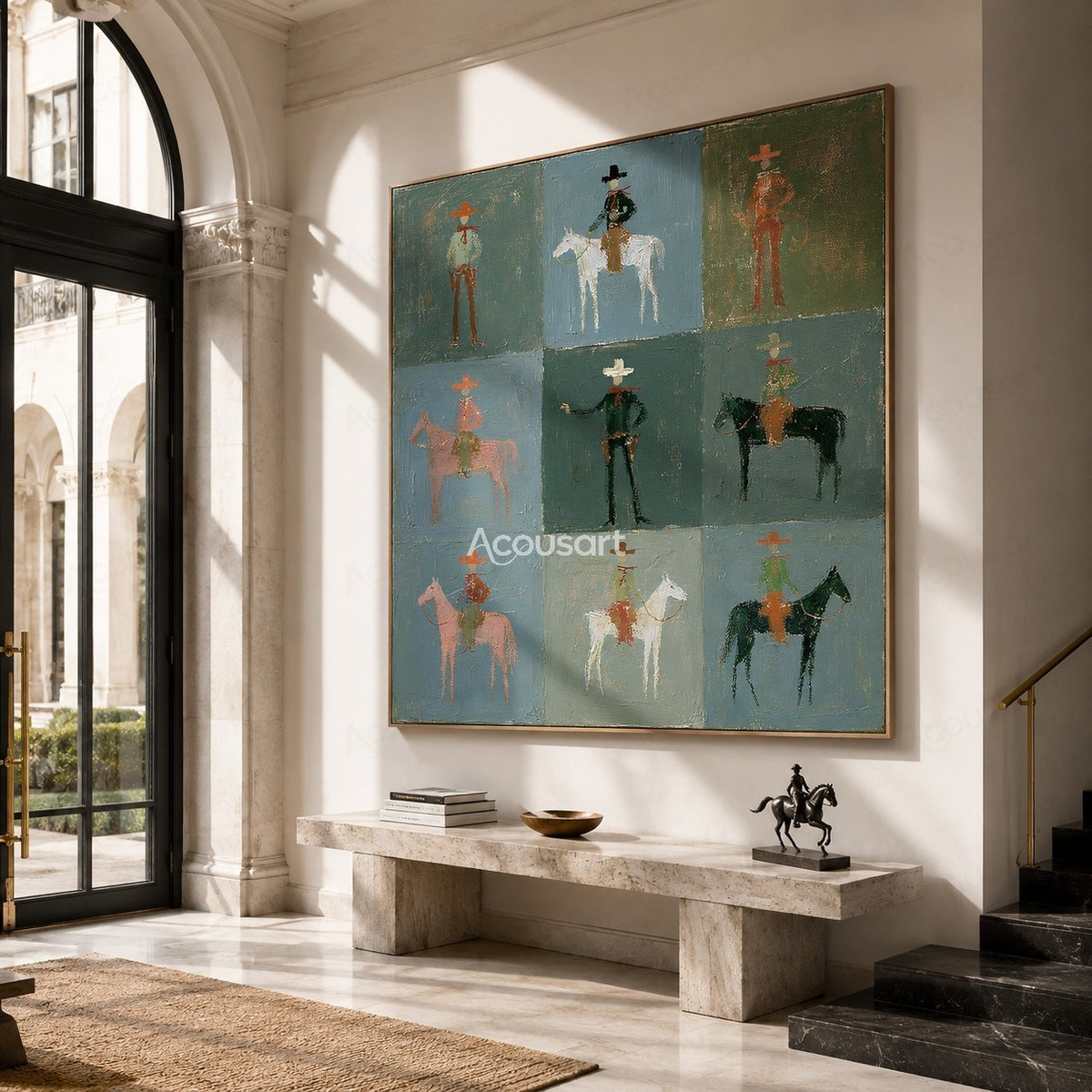 Western cowboy horse wall art with riders and horses arranged in a soft blue and green grid design