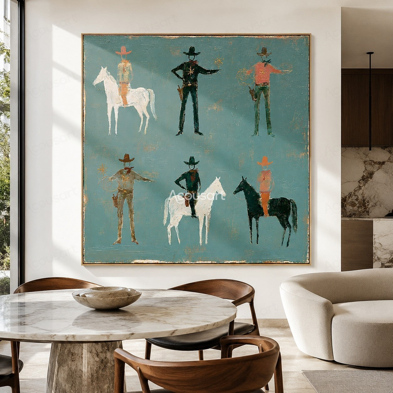 Western horse wall art with cowboys, horses, ropes, hats, and soft vintage blue-green background