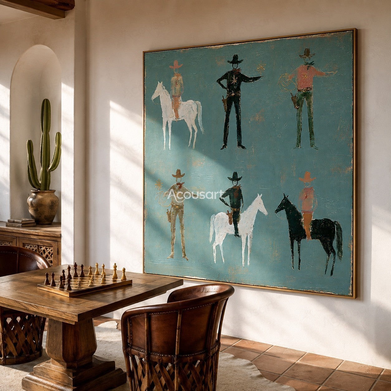 Western horse wall art with cowboys, horses, ropes, hats, and soft vintage blue-green background