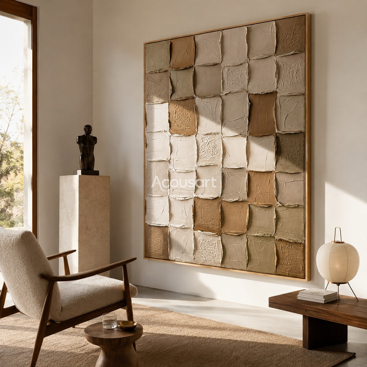 Neutral textured abstract wall art with raised square mosaic blocks in cream, beige, taupe, and soft brown tones