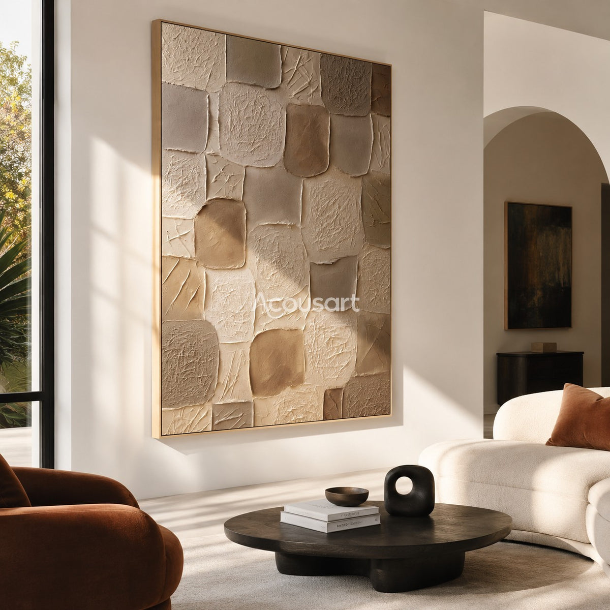 Neutral textured abstract wall art with rounded square mosaic blocks in cream, beige, tan, taupe, and warm brown tones