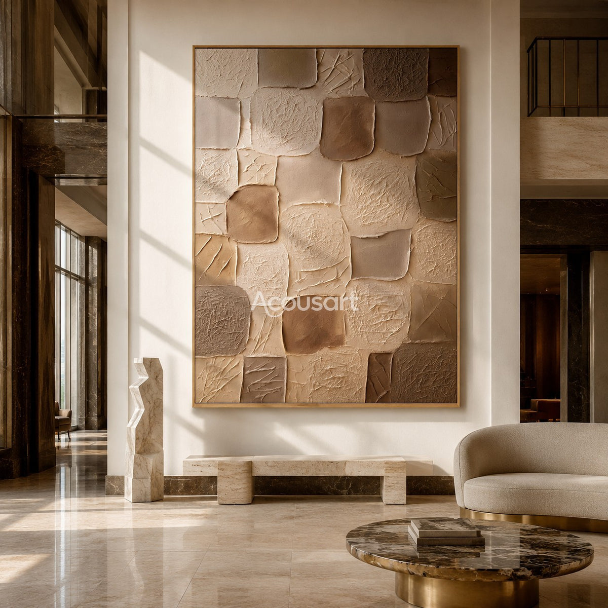 Neutral textured abstract wall art with rounded square mosaic blocks in cream, beige, tan, taupe, and warm brown tones