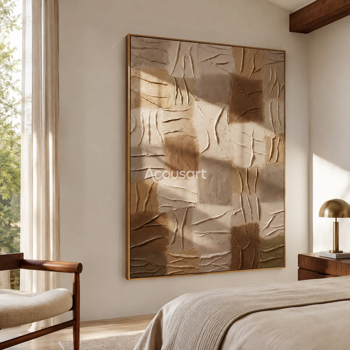 Neutral textured abstract wall art with earthy square blocks, raised carved lines, beige, taupe, and warm brown tones
