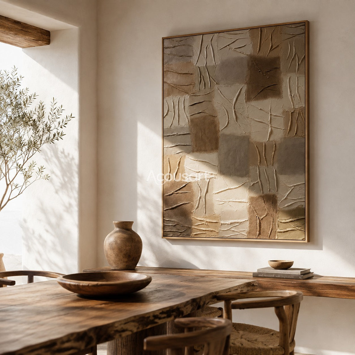 Neutral textured abstract wall art with earthy square blocks, raised carved lines, beige, taupe, and warm brown tones