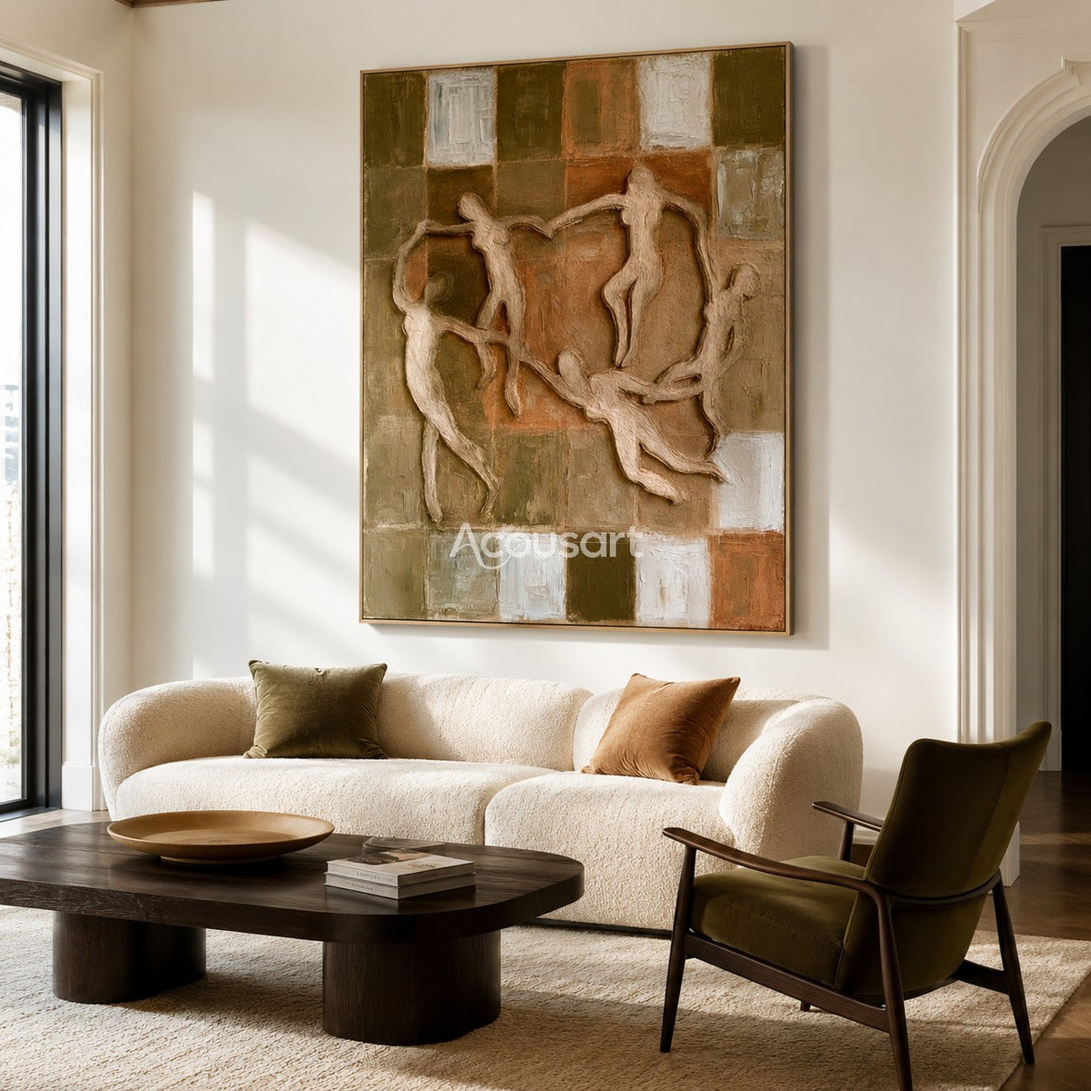 Figurative textured wall art with abstract dancing figures, earthy square background, warm brown, olive green, beige, and cream tones
