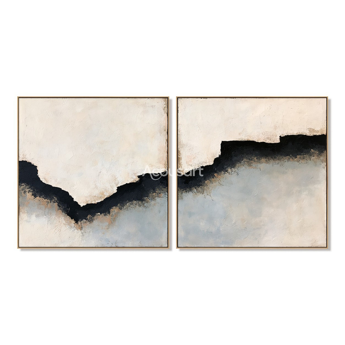 Minimalist abstract diptych wall art with black horizon line, soft white background, gray tones, and textured brush details