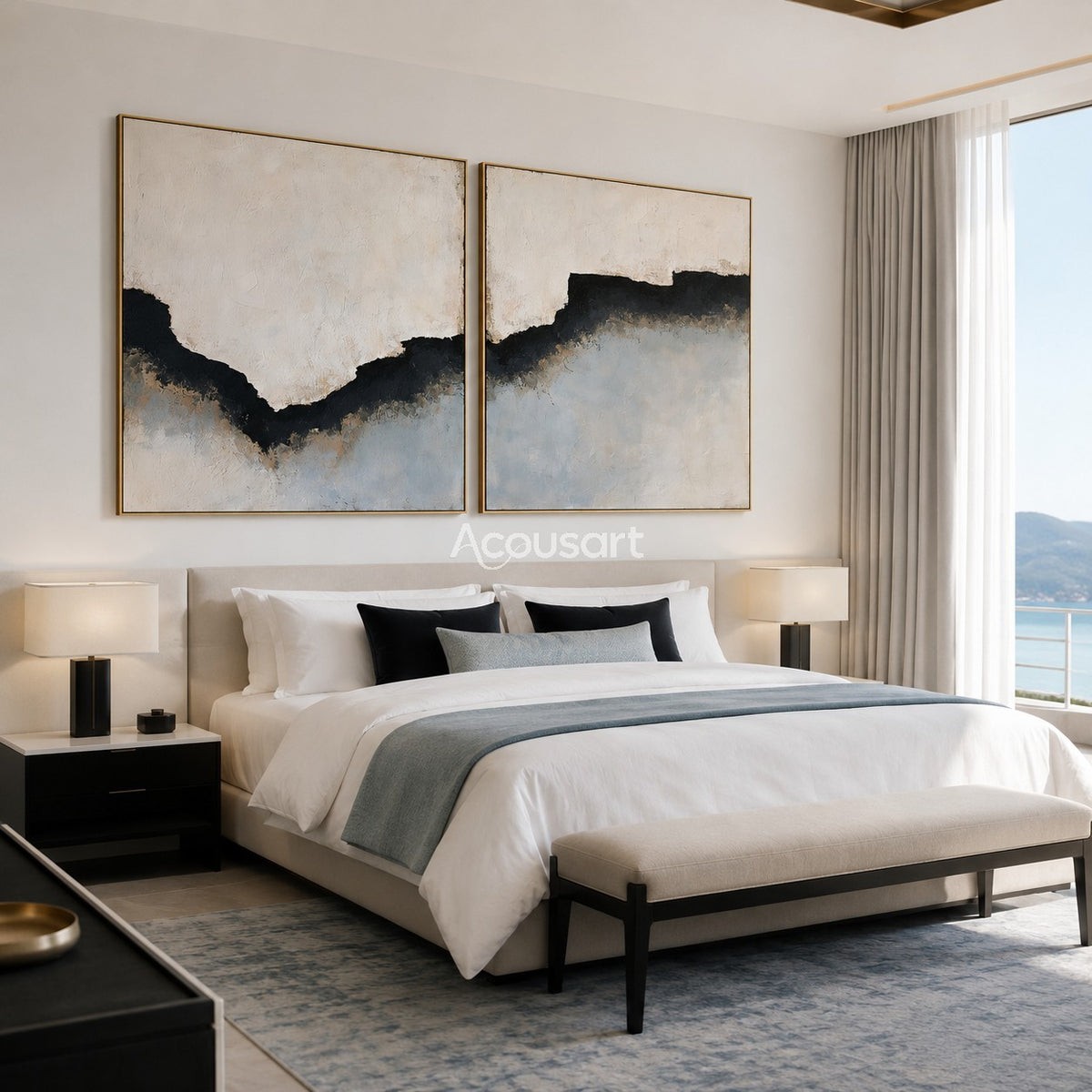 Minimalist abstract diptych wall art with black horizon line, soft white background, gray tones, and textured brush details