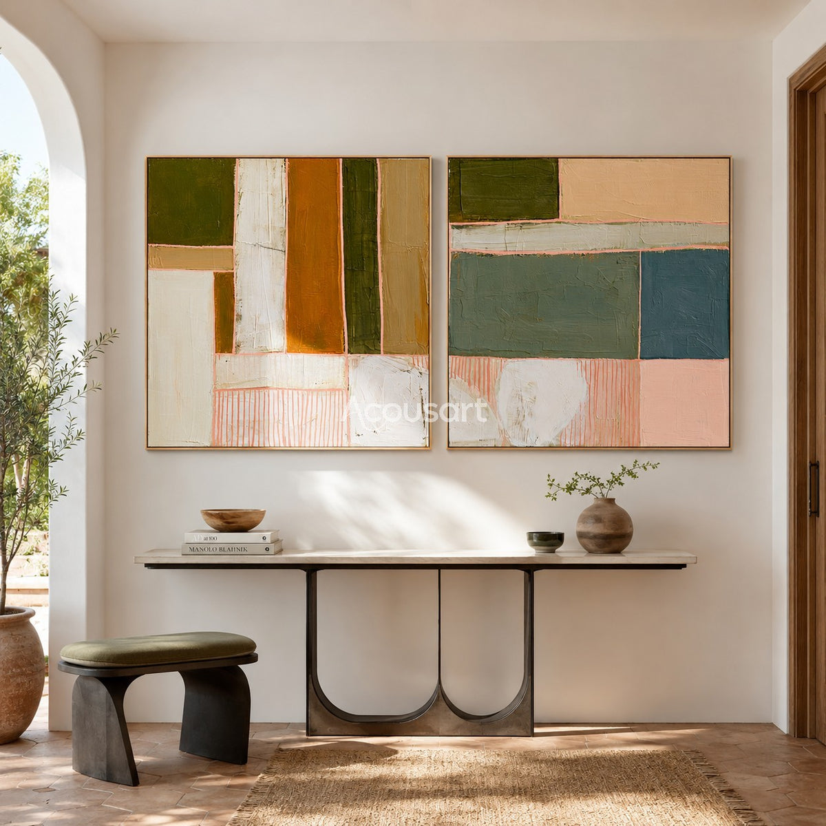 Colorful abstract diptych wall art with geometric blocks, green, orange, pink, cream, and blue tones