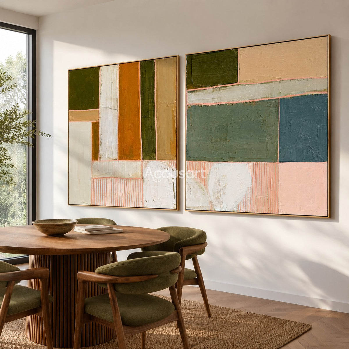 Colorful abstract diptych wall art with geometric blocks, green, orange, pink, cream, and blue tones