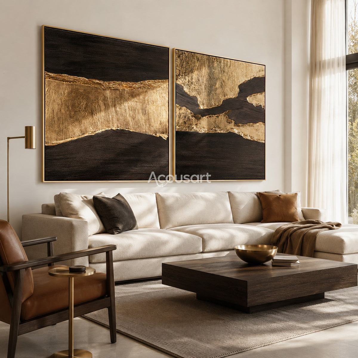Black and gold textured abstract diptych wall art with flowing golden lines and dark luxury tones