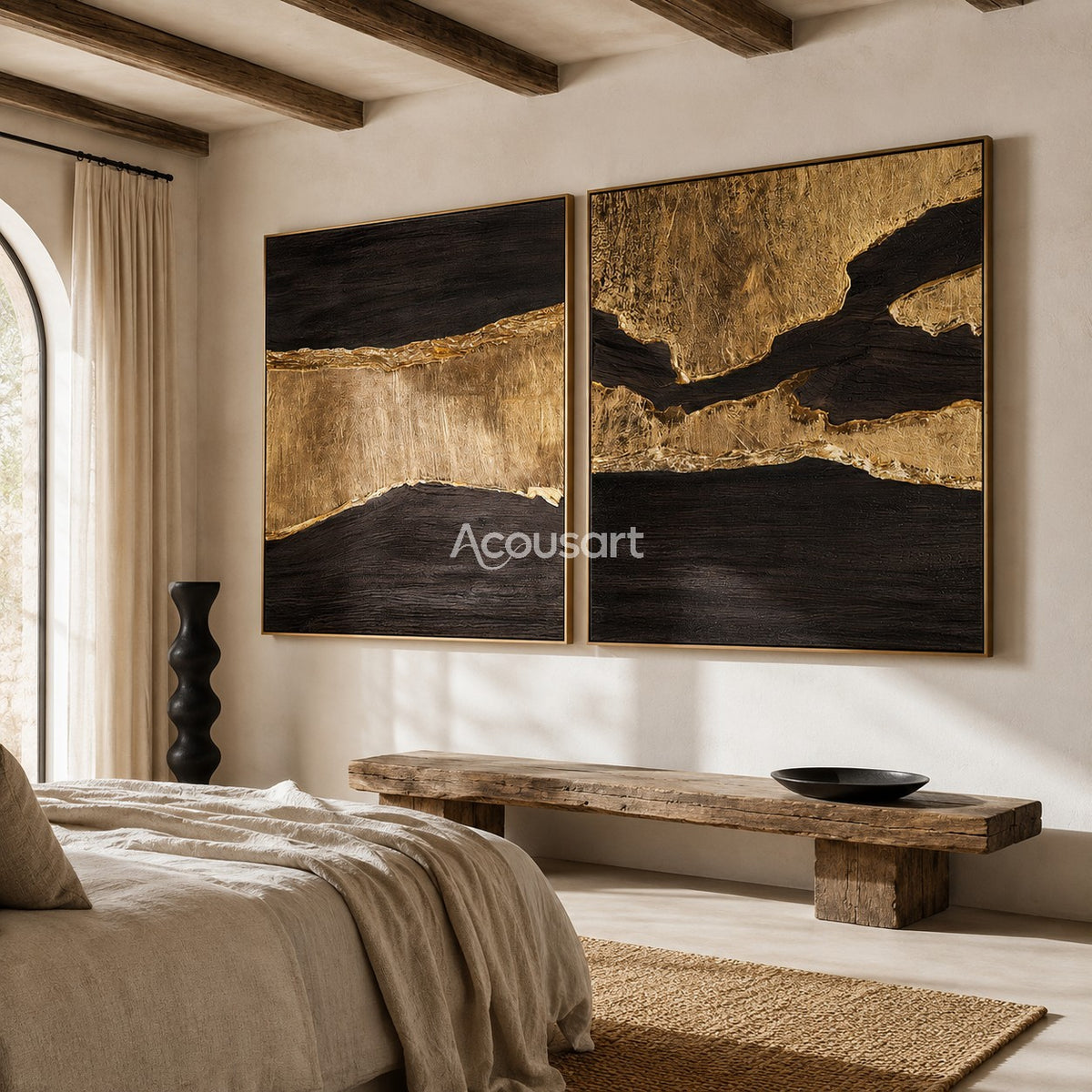 Black and gold textured abstract diptych wall art with flowing golden lines and dark luxury tones