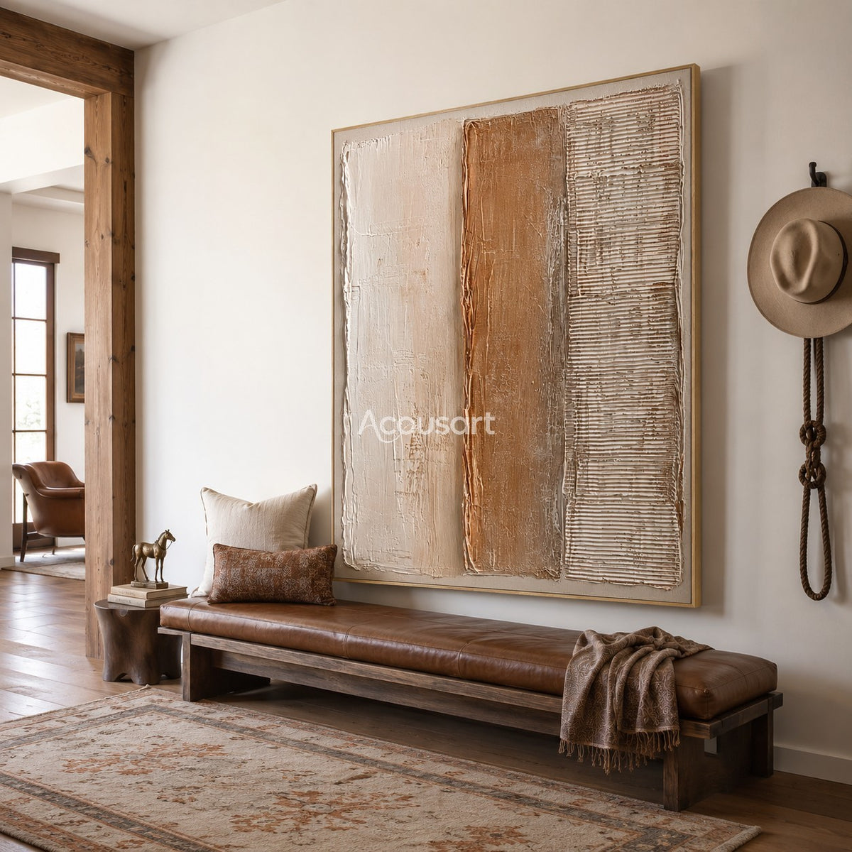 Neutral textured abstract wall art with three vertical panels in white, beige, clay brown, and lined texture