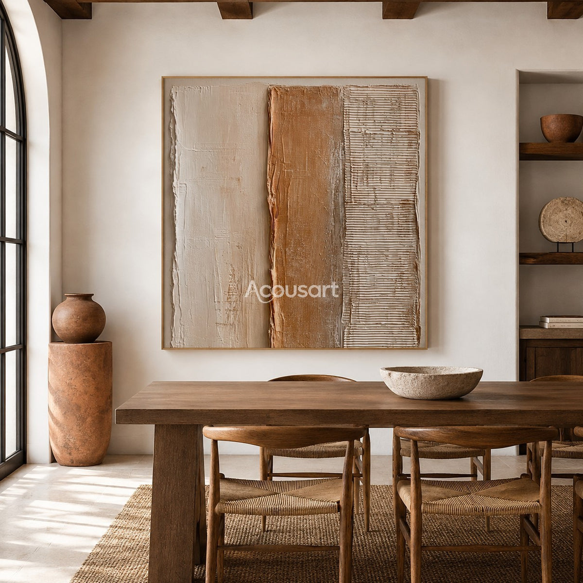 Neutral textured abstract wall art with three vertical panels in white, beige, clay brown, and lined texture