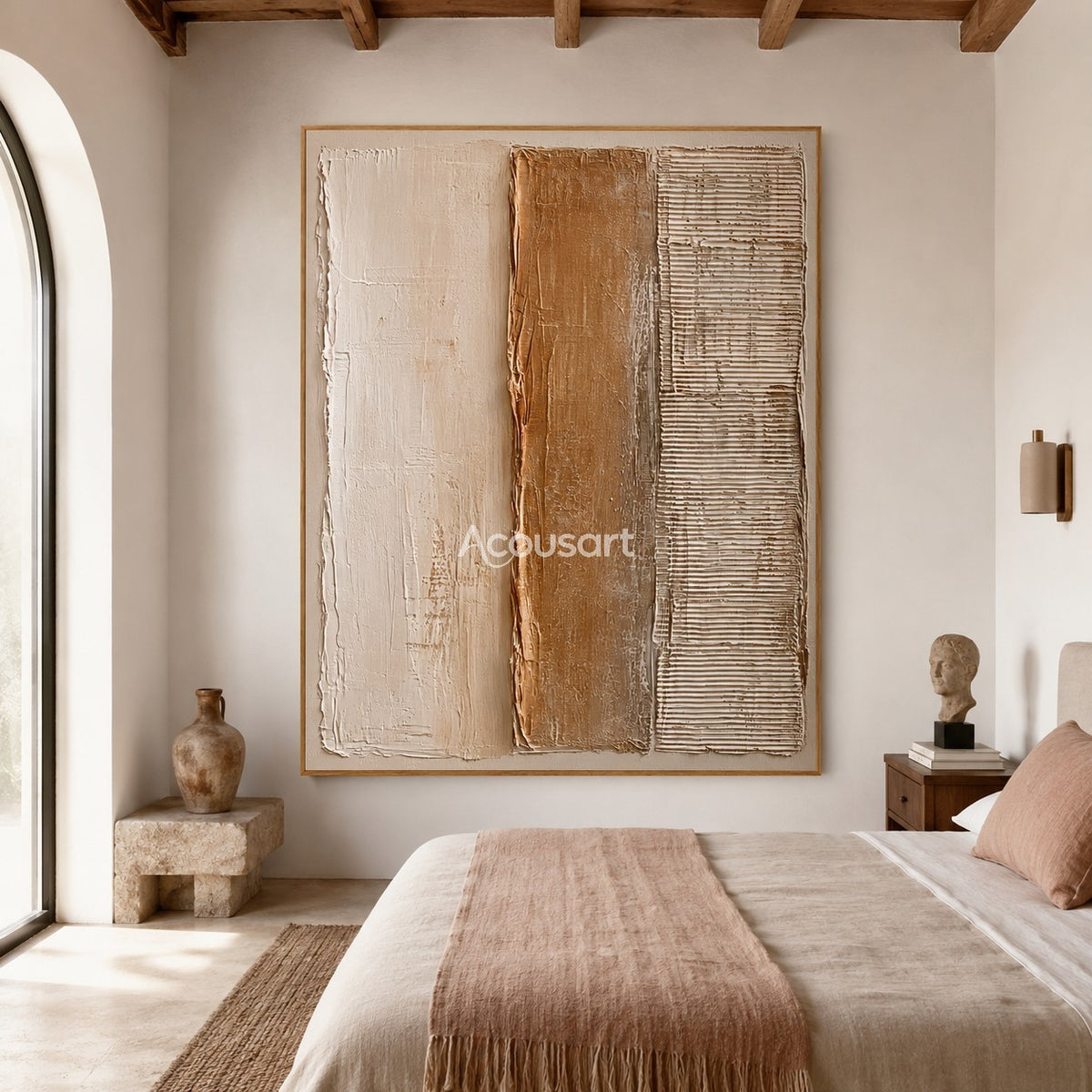 Neutral textured abstract wall art with three vertical panels in white, beige, clay brown, and lined texture