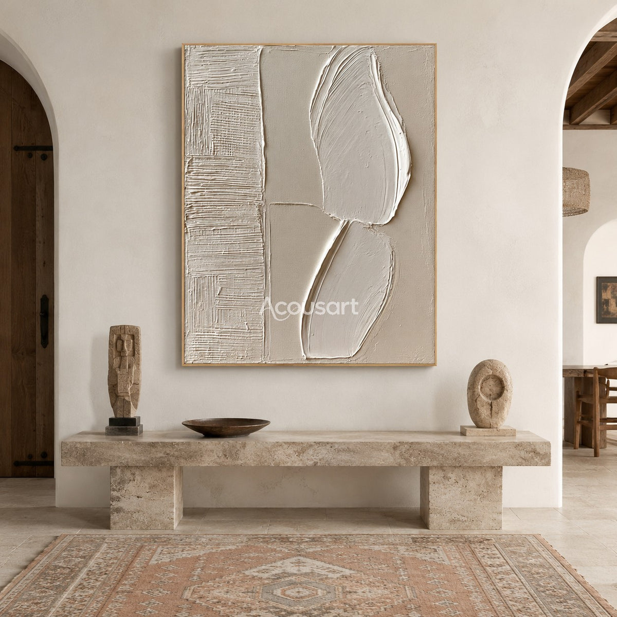 Neutral textured abstract wall art with raised white curved shapes, beige background, and layered line texture