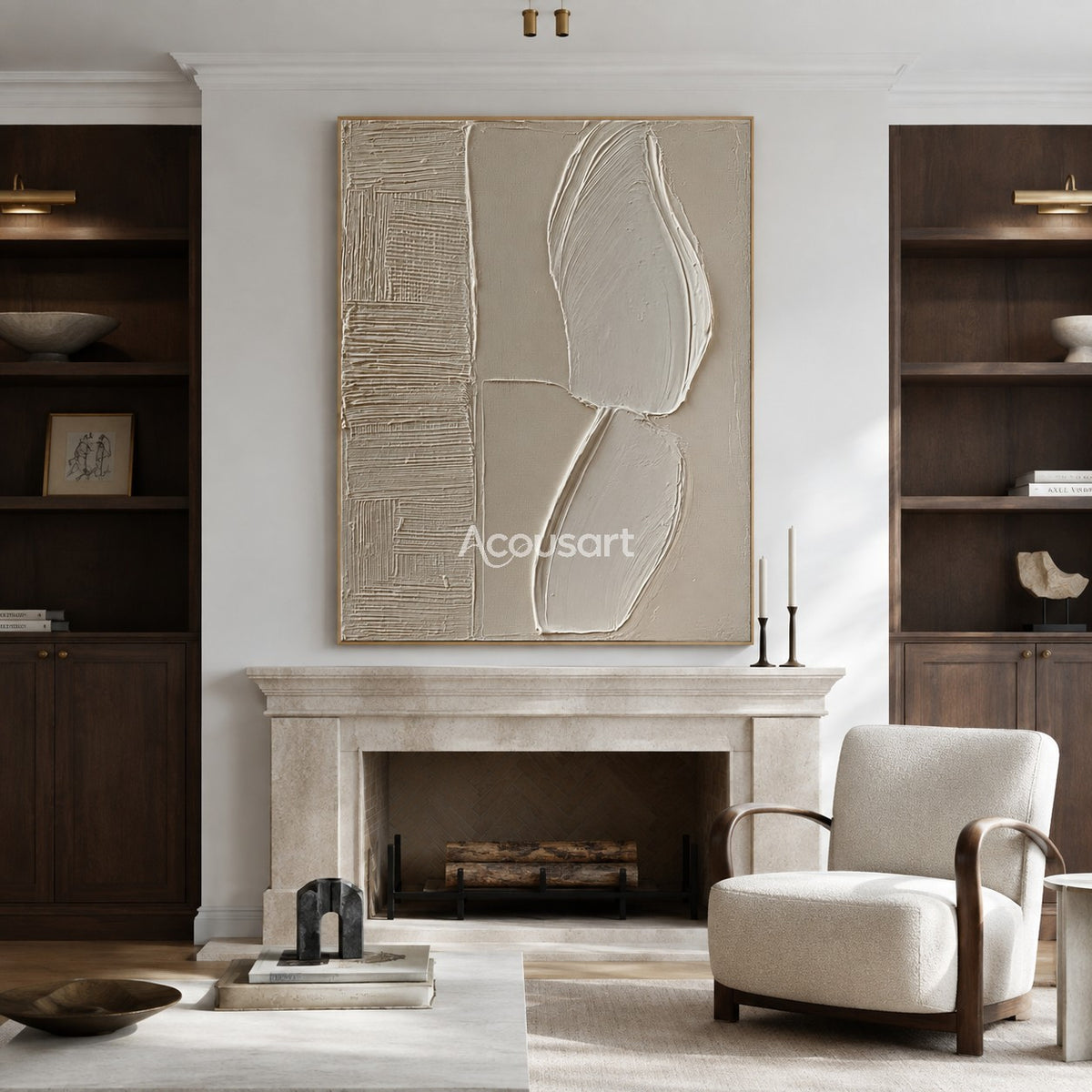 Neutral textured abstract wall art with raised white curved shapes, beige background, and layered line texture