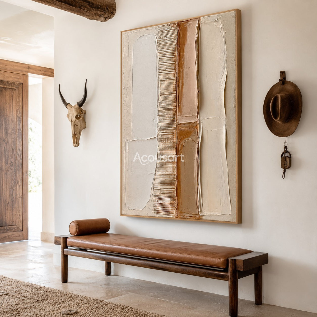 Neutral textured abstract wall art with vertical white, beige, tan, clay brown, and ribbed line panels