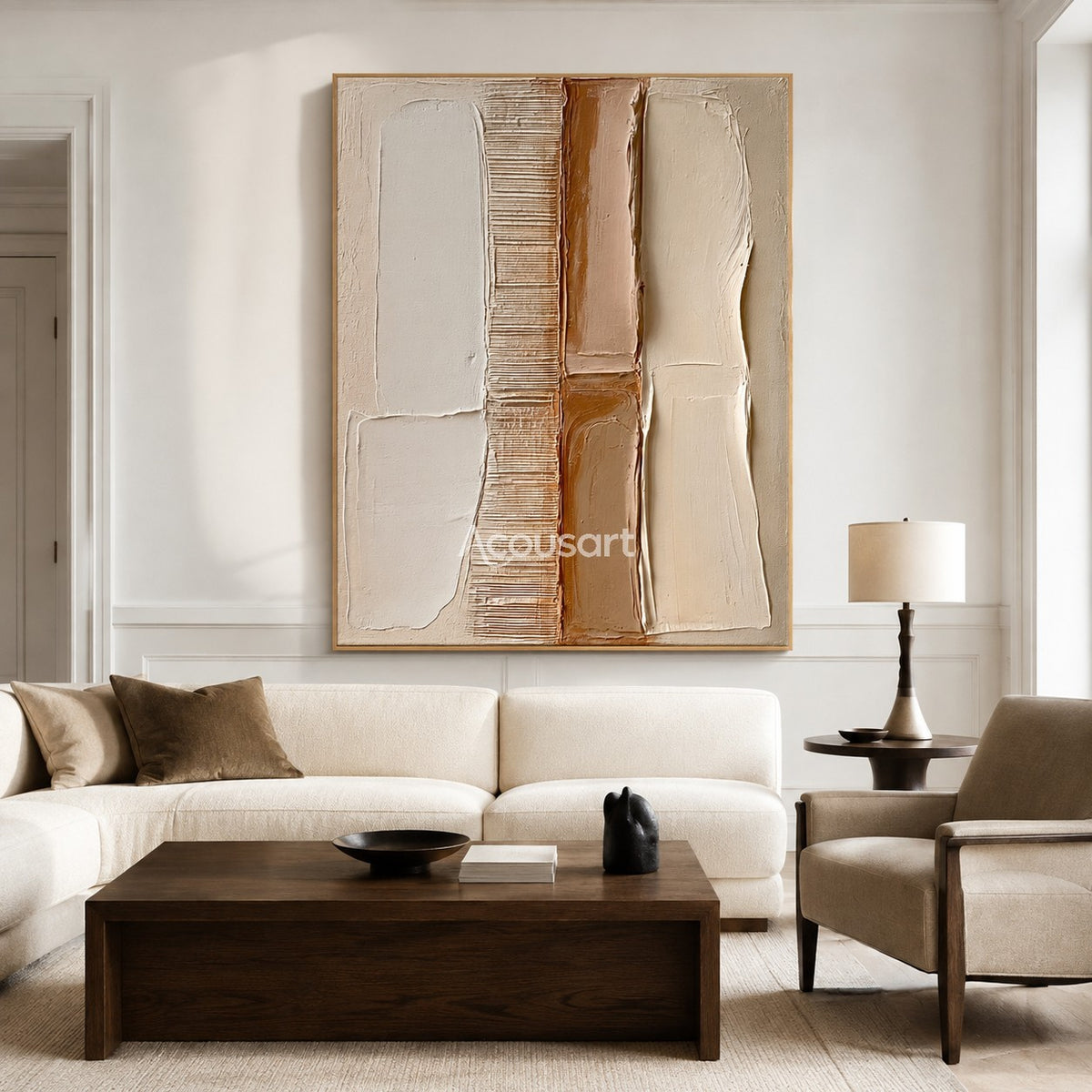 Neutral textured abstract wall art with vertical white, beige, tan, clay brown, and ribbed line panels