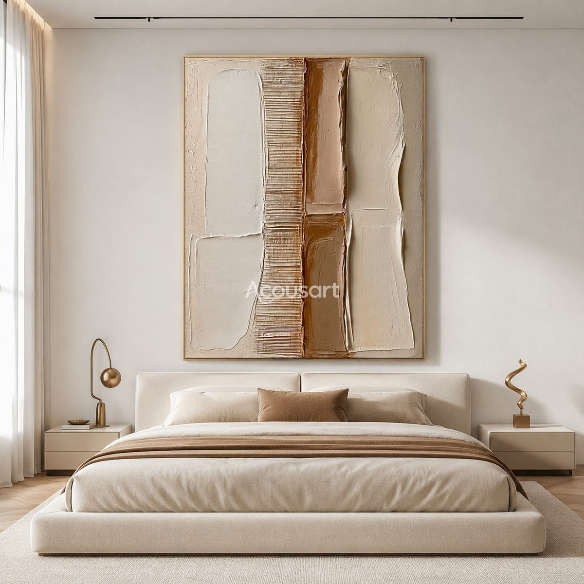 Neutral textured abstract wall art with vertical white, beige, tan, clay brown, and ribbed line panels