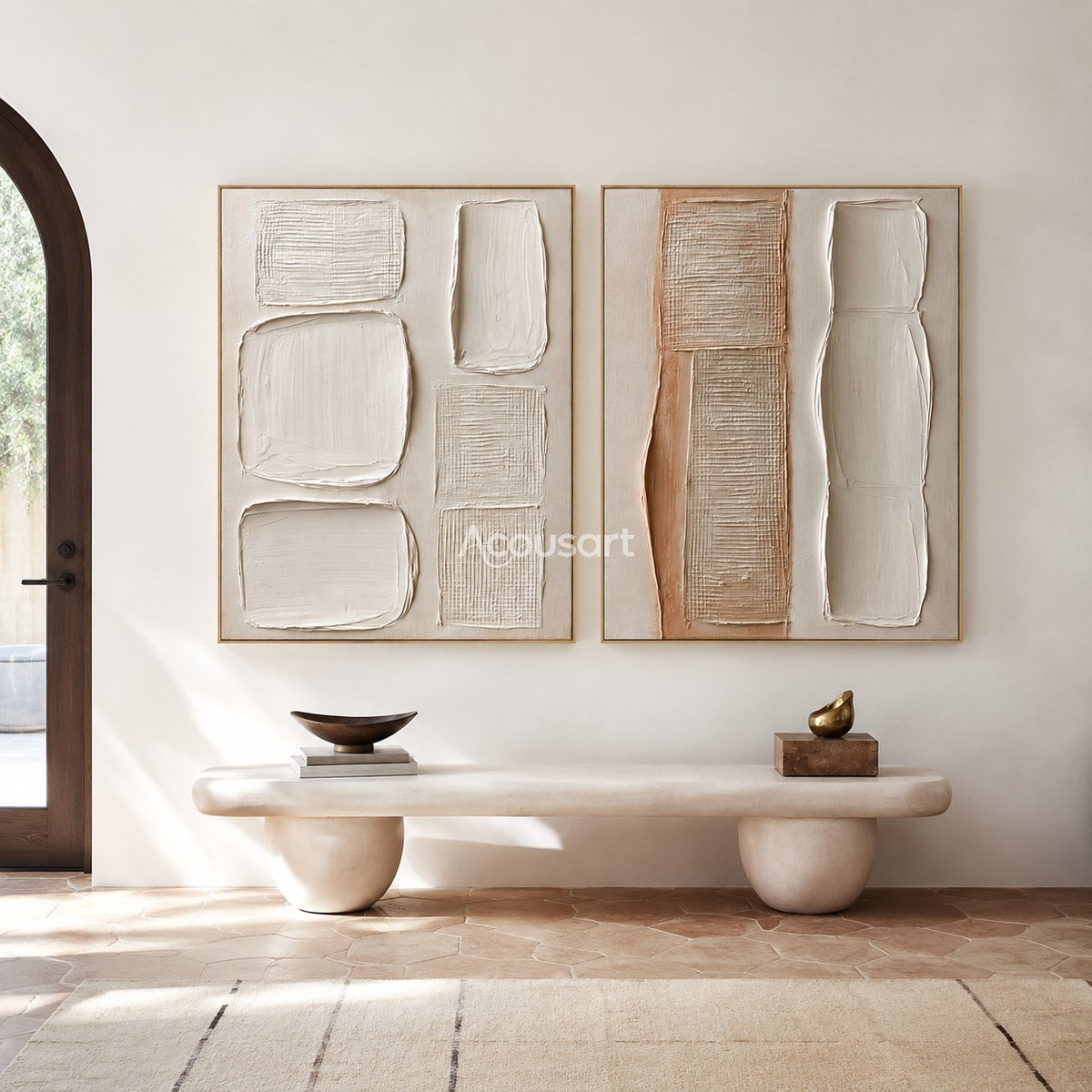 Neutral textured diptych wall art with cream raised blocks, woven texture, beige panels, and soft clay tones