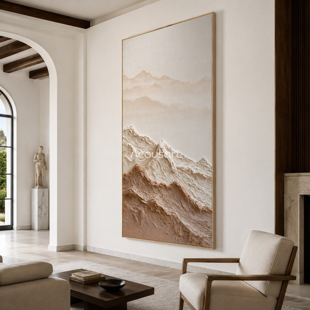 Neutral mountain textured wall art with raised cream and beige peaks, soft distant mountains, and warm earthy tones