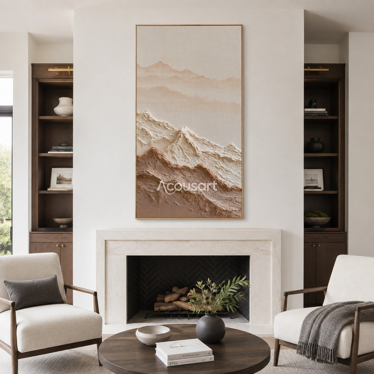 Neutral mountain textured wall art with raised cream and beige peaks, soft distant mountains, and warm earthy tones