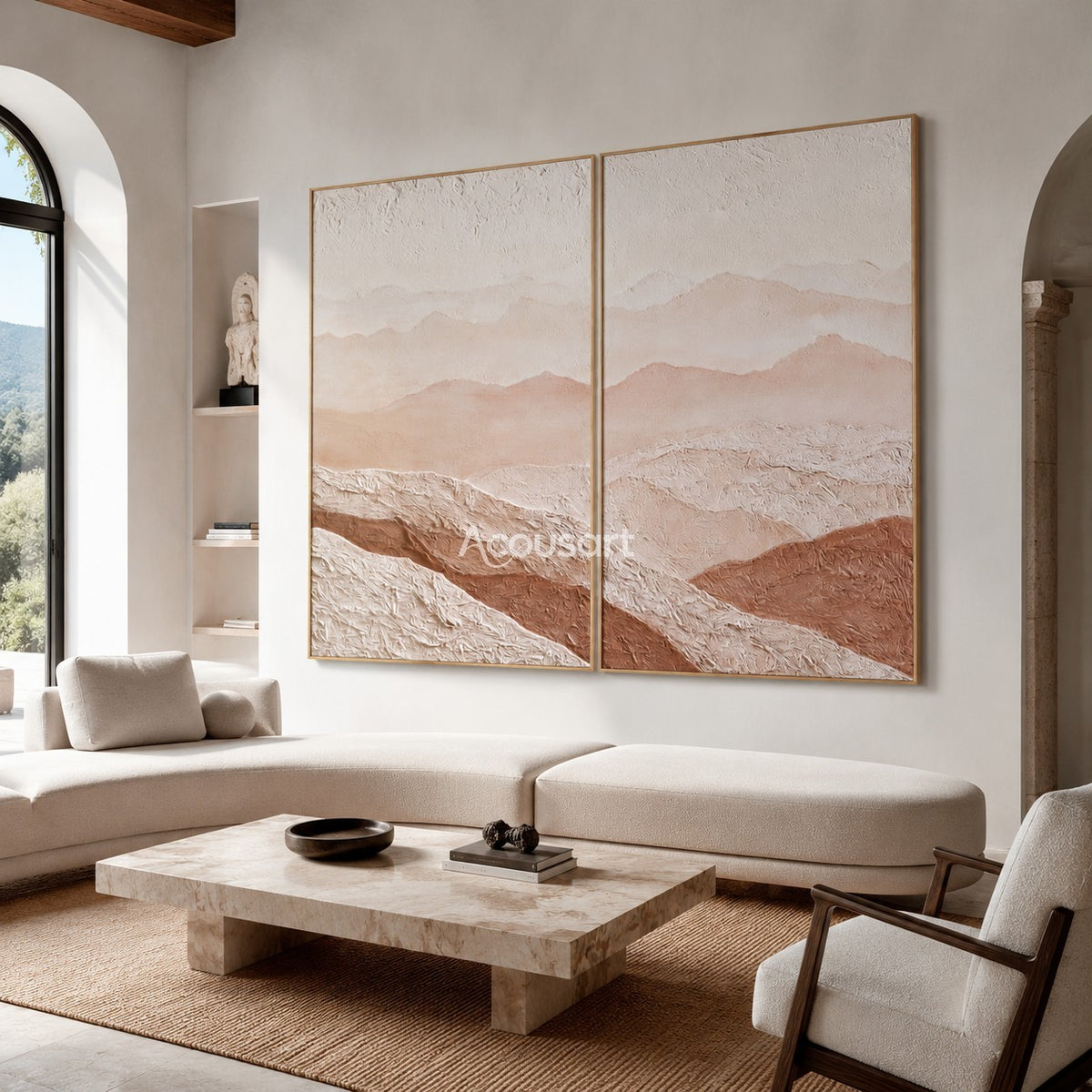Neutral mountain diptych wall art with soft desert hills, raised cream texture, beige layers, and warm terracotta tones