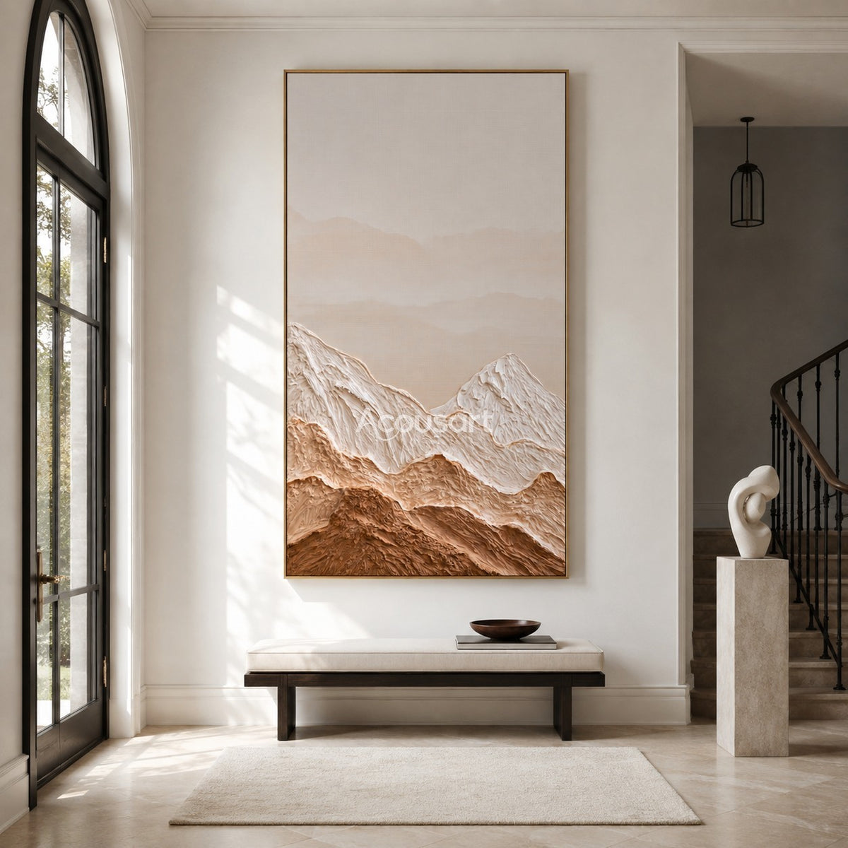Neutral mountain textured wall art with raised cream peaks, warm brown desert hills, soft beige sky, and earthy tones