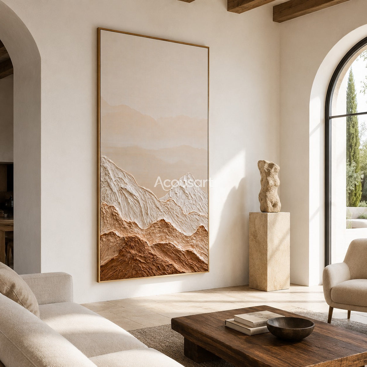 Neutral mountain textured wall art with raised cream peaks, warm brown desert hills, soft beige sky, and earthy tones
