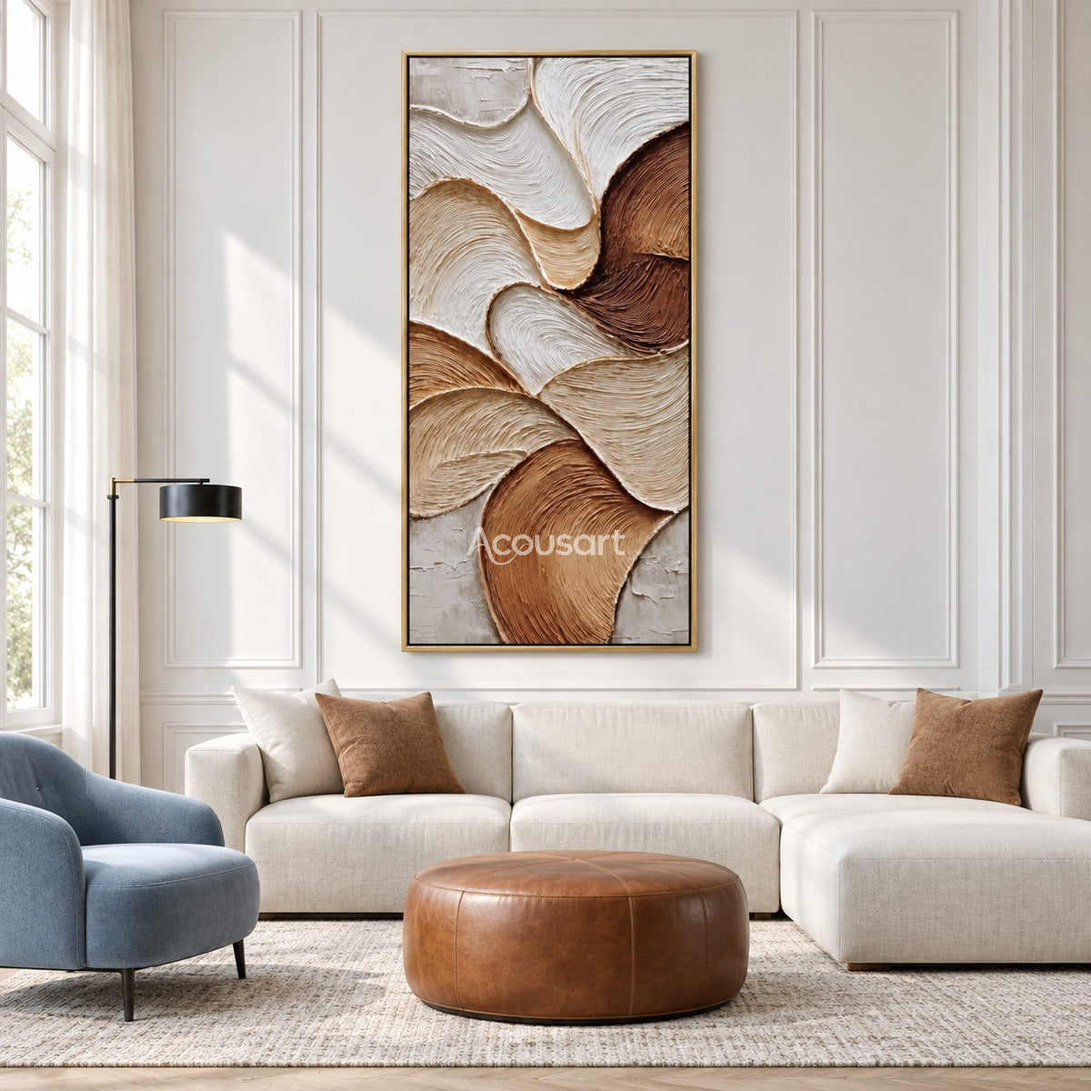 Flowing earth tone textured abstract wall art with curved lines in beige brown and ivory colors