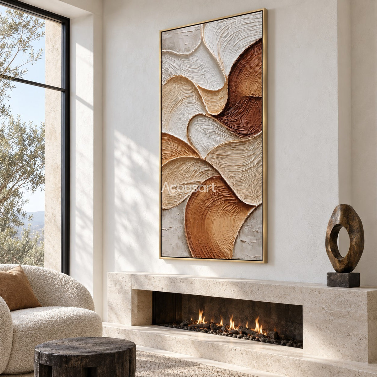 Flowing earth tone textured abstract wall art with curved lines in beige brown and ivory colors