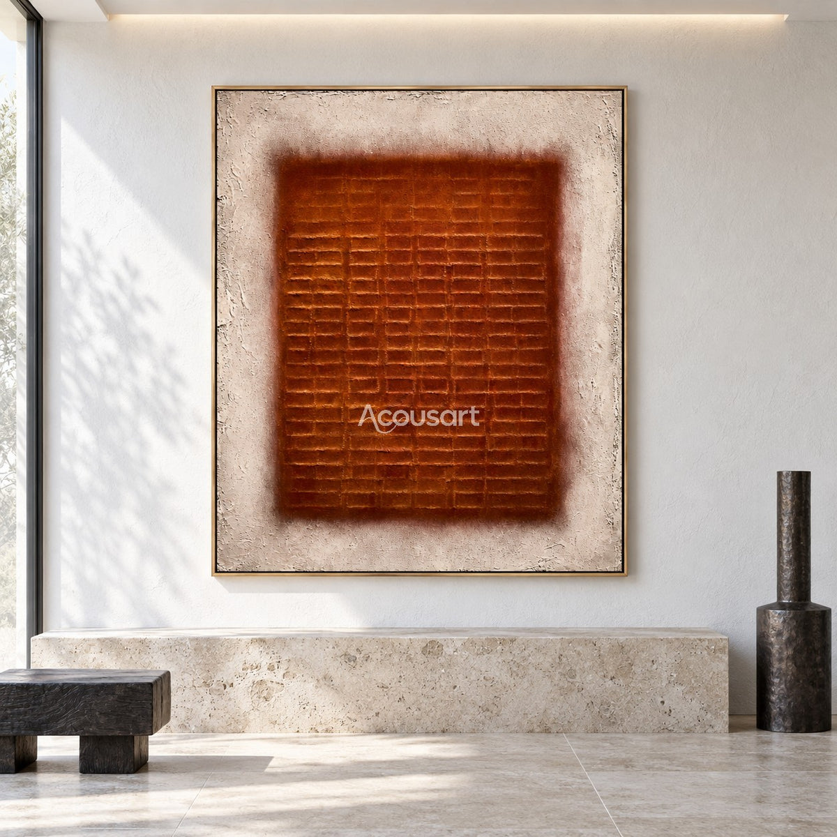 Burnt orange geometric abstract wall art with square grid design and neutral beige background