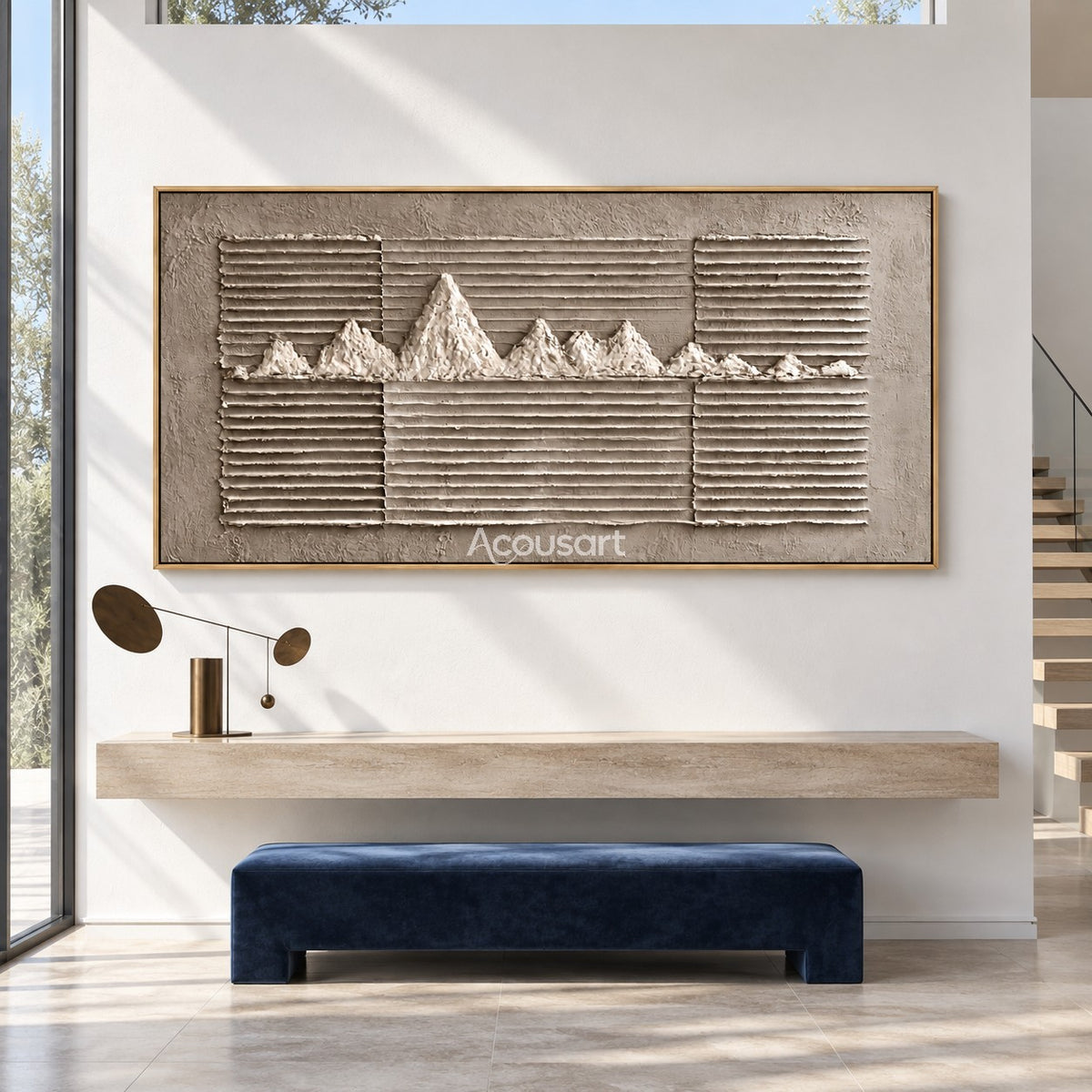 Neutral textured landscape wall art with raised white mountain peaks, horizontal line patterns, gray taupe background, and modern minimalist style