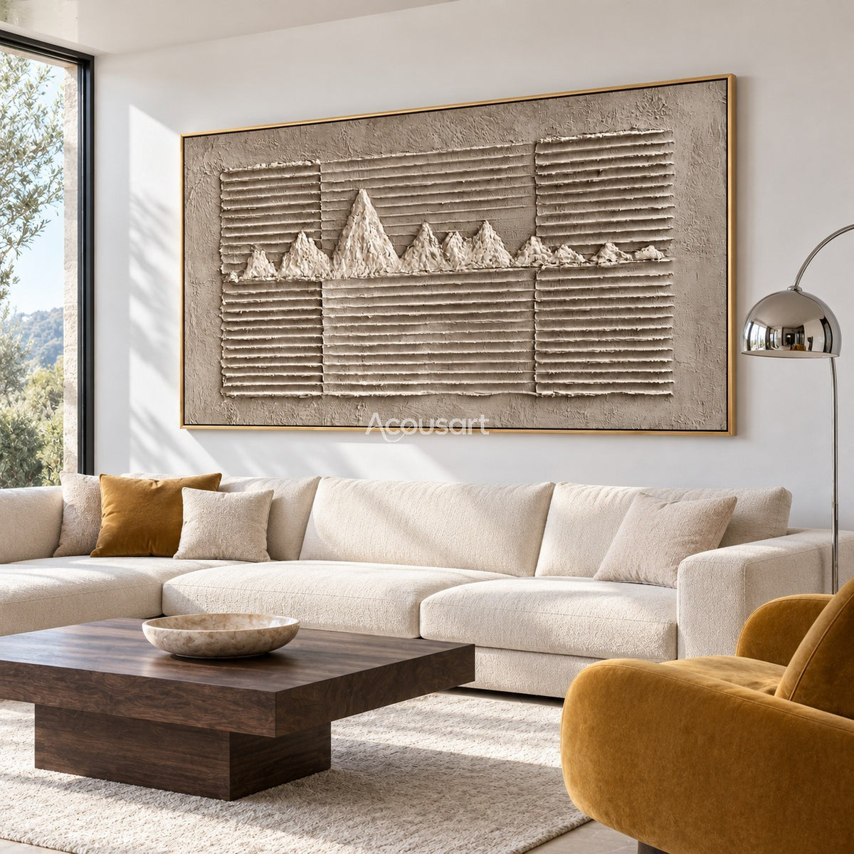 Neutral textured landscape wall art with raised white mountain peaks, horizontal line patterns, gray taupe background, and modern minimalist style