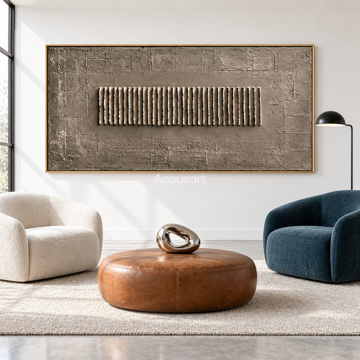Neutral textured abstract wall art with raised vertical line pattern, gray taupe background, and minimalist horizontal design