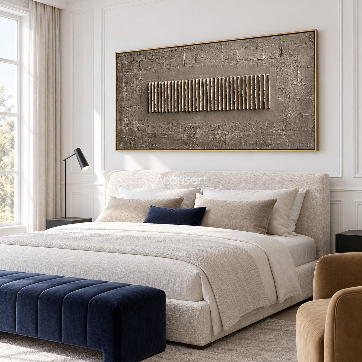 Neutral textured abstract wall art with raised vertical line pattern, gray taupe background, and minimalist horizontal design