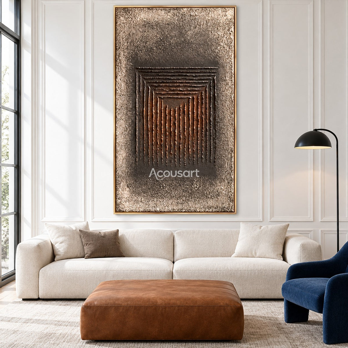 Dark geometric relief wall art with raised vertical lines, charcoal brown tones, aged stone background, and modern abstract design