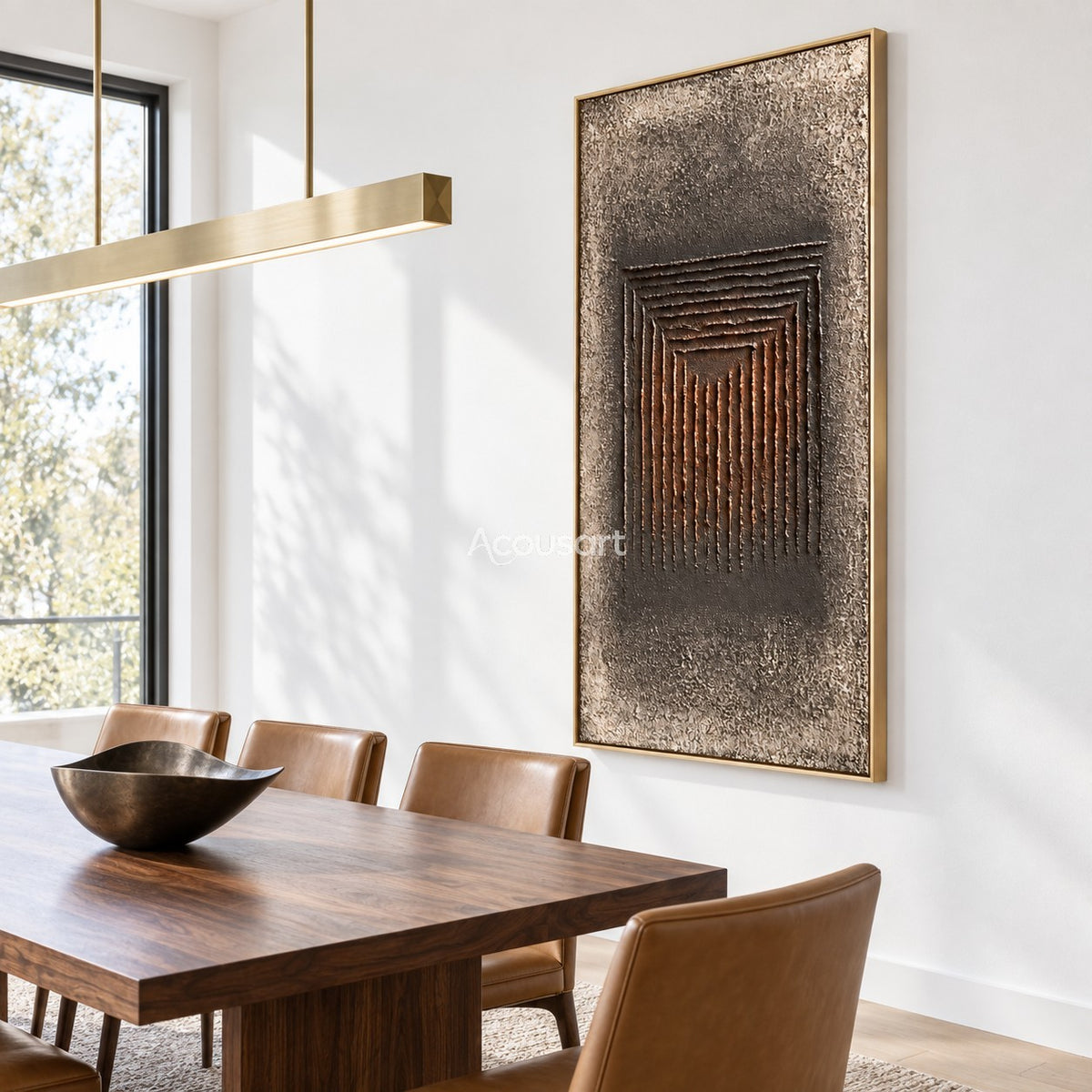 Dark geometric relief wall art with raised vertical lines, charcoal brown tones, aged stone background, and modern abstract design