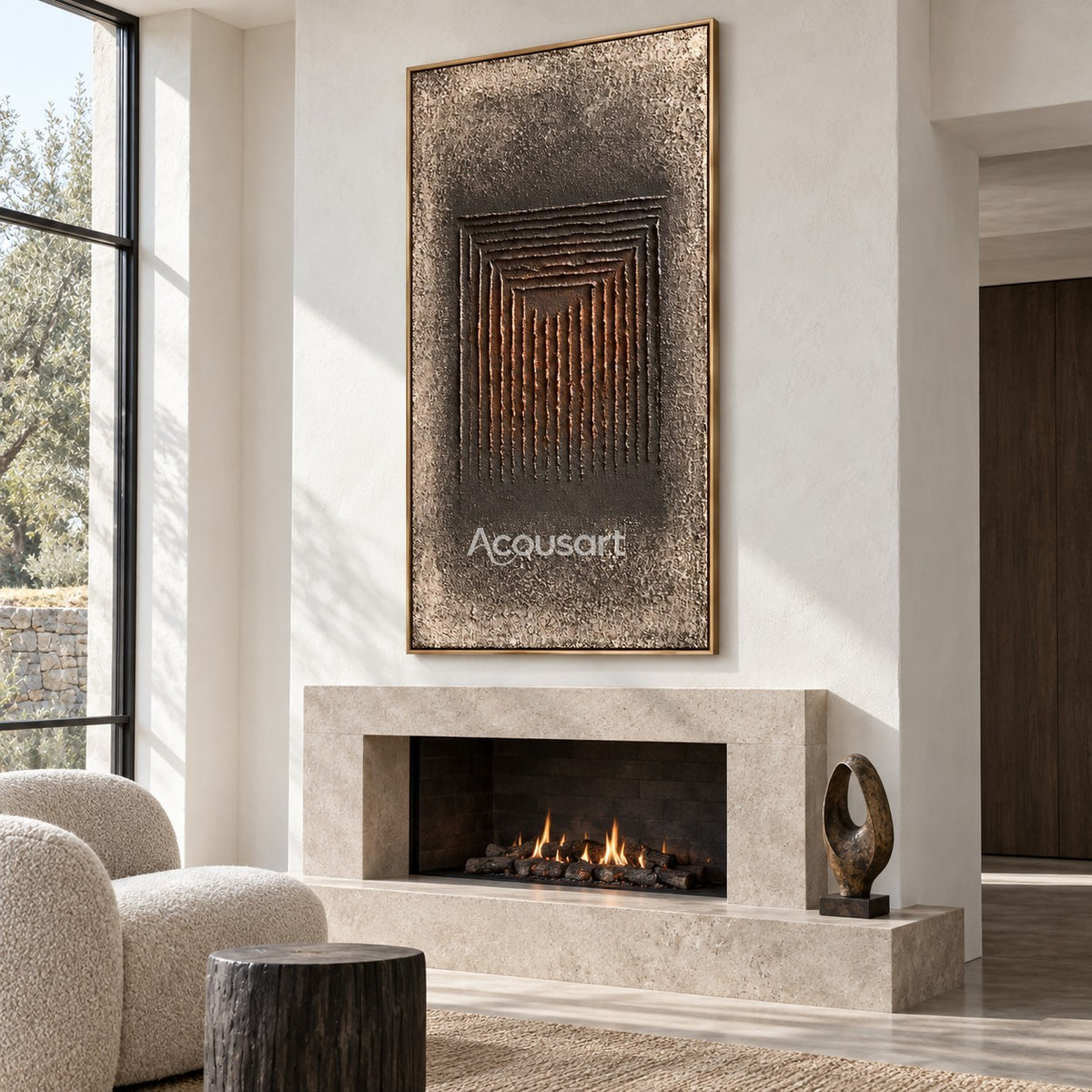 Dark geometric relief wall art with raised vertical lines, charcoal brown tones, aged stone background, and modern abstract design