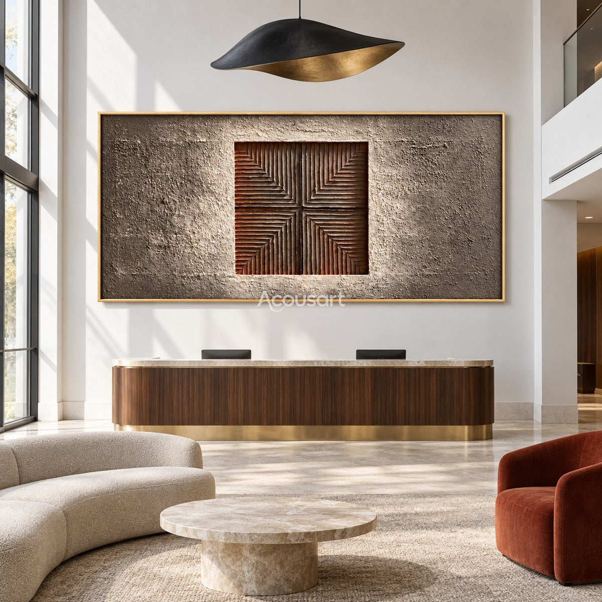 Modern geometric relief wall art with centered square line pattern, warm brown tones, taupe background, and horizontal abstract design