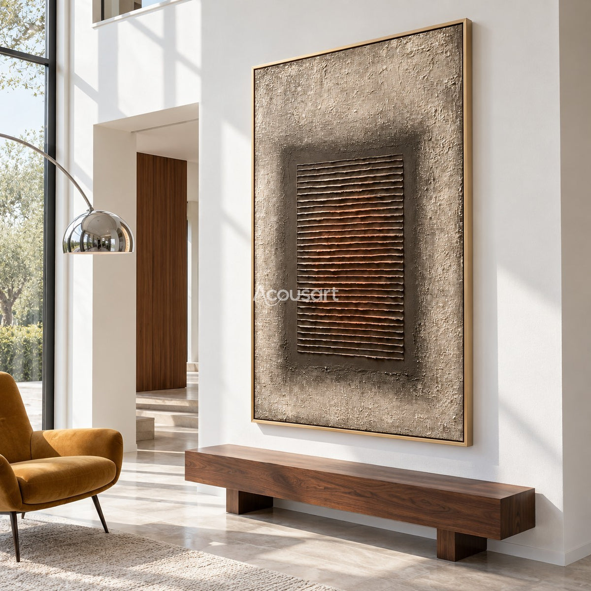 Modern geometric relief wall art with layered horizontal lines, dark taupe center, warm beige background, and minimalist abstract design